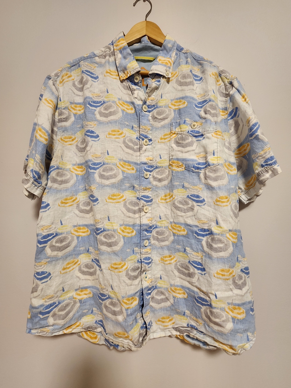 Tommy Bahama Relax 100% Linen Beach Umbrella Print Short Sleeve Shirt Large L